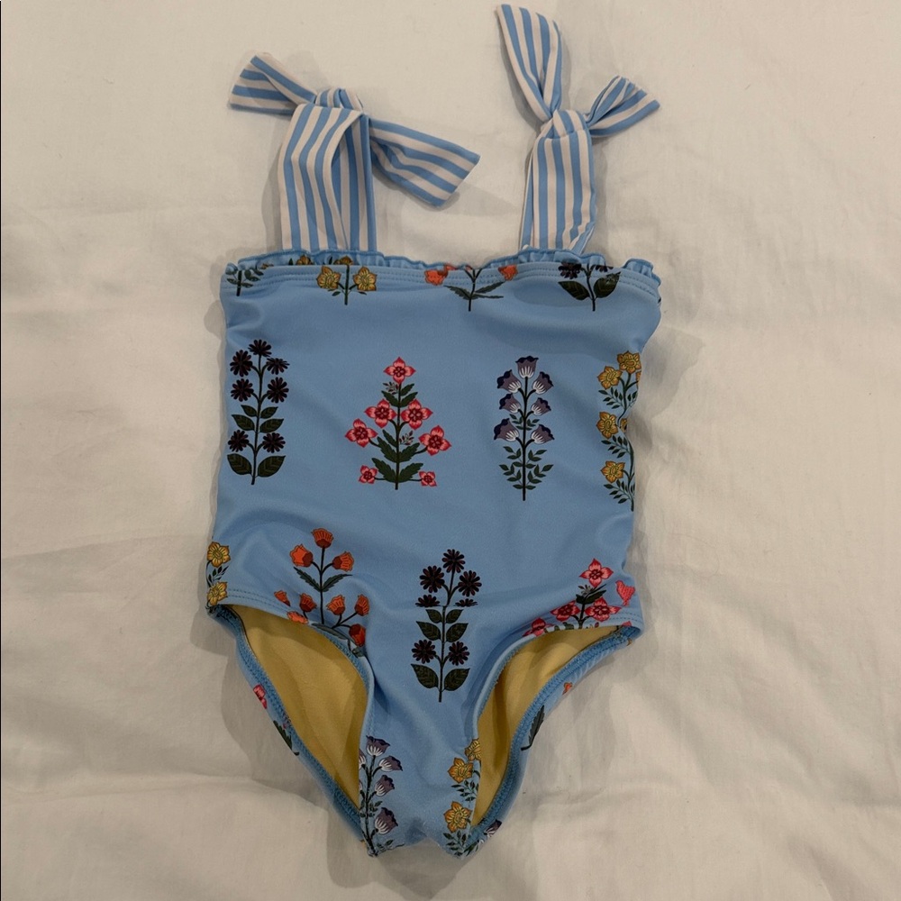 Pink Chicken Light Blue Floral One-Piece Swimsuit with Striped Tie Straps